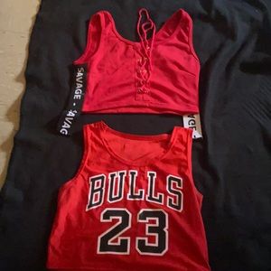 Two red crop tops